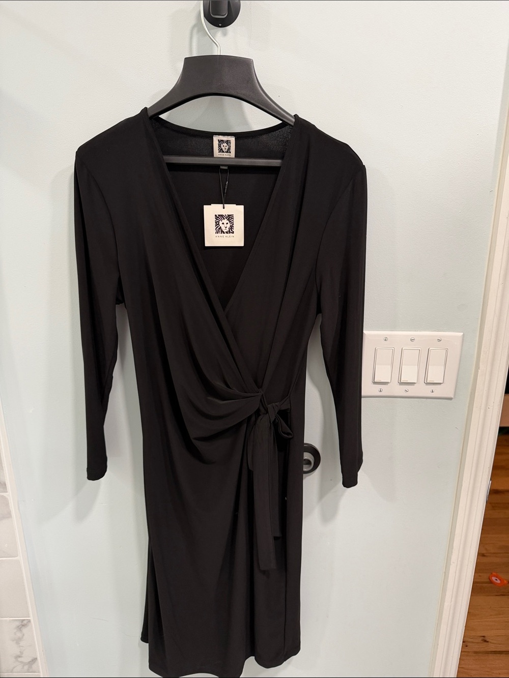 Anne Klein Black Wrap Midi Dress with Tie Waist